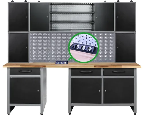 Ondis24 Werkstatteinrichtung 240cm Komplett Werkstattset - Werkbank aus Metall mit 3 Schubladen und 9 abschließbaren Türen, ideal für effizientes Arbeiten. Belastbarkeit bis 1000 kg, inklusive LED Lampe und versenkbarer Steckdose.