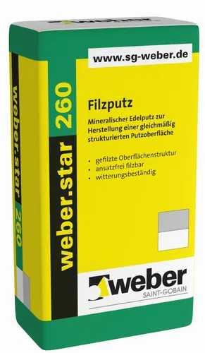 weber.star 260 AquaBalance Filzputz 25kg - Mineralischer Edelputz für innen und außen, biozidfrei und mit optimaler Wasserdampfdurchlässigkeit für ein gesundes Wohnklima. Hoher Schlagregenschutz und ideal gegen Algen- und Pilzbefall.
