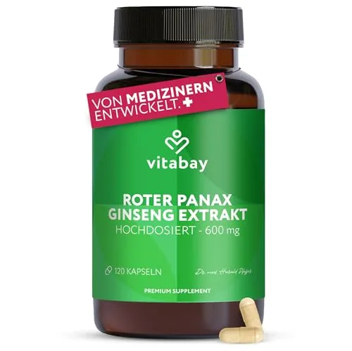 Vitabay Roter Panax Ginseng Extrakt 600mg - Vegan & Laborgeprüft - Konzentration & Leistungsfähigkeit mit 600mg hochwertigem Ginseng-Extrakt. Ideal für natürliche Energie und Wohlbefinden, vegan und ohne Zusatzstoffe.