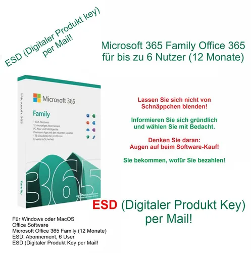 Microsoft 365 Family (6 x, 1 J.) - 6 Benutzer, umfassende Office-Anwendungen und 1 TB Cloud-Speicher für alle Geräte