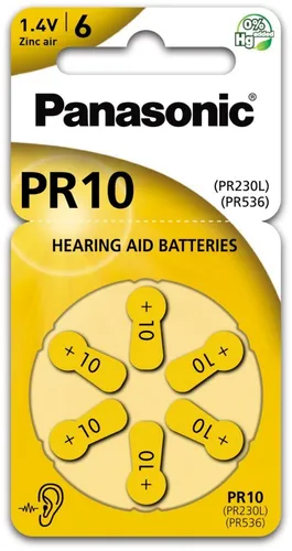 Panasonic PR 10 - Hochleistungsbatterien für Hörgeräte, 6 Stück in gelber Farbcode für längere Lebensdauer
