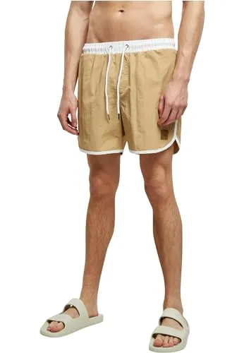 Urban Classics Herren Retro Swimshorts – Schnelltrocknende Badeshorts aus Polyester mit Kordelzug, elastischem Bund & Retro Design, ideal für Strand, Pool & Urlaub,White/Unionbeige,S