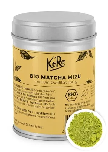 KoRo Bio Matcha Mizu 80 g - Premium Grüner Tee - Matchatee in praktischer Metalldose, vielseitig einsetzbar für Matcha-Latte, Desserts und mehr. 100% Bio, glutenfrei und ideal für vegane Ernährung.