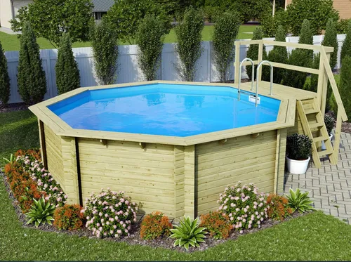 Karibu Achteckpool Massivholzpool kdi - Achteckiger Gartenpool aus witterungsbeständigem Fichtenholz, ideal für erholsame Sommermomente im eigenen Garten.