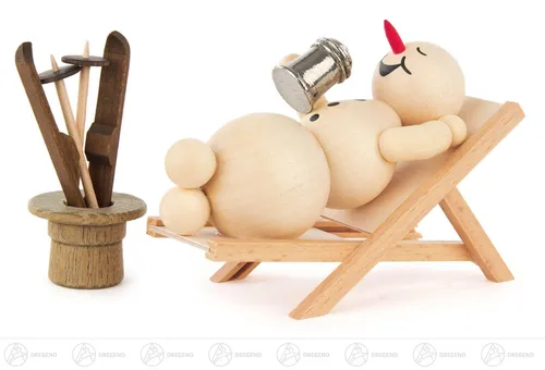 Schneemann Im Liegestuhl - Miniatur Holzfigur - Figuren aus dem Erzgebirge, handgefertigte Winterfigur aus Holz, ideal als lustige Dekoration für Wohnzimmer, Küche oder Schlafzimmer.