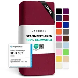 Jacobson Spannbettlaken TOPPER aus 100% Baumwolle, Jersey Bettlaken 160 g/m2, Spannbetttuch mit Gummizug, pflegeleicht & viele Farben rot 180 - 200 cm x 220 cm
