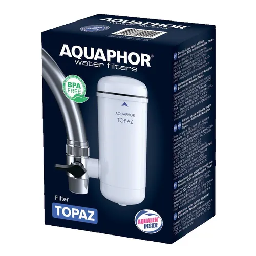 AQUAPHOR TOPAZ Wasserhahnfilter - Effizienter Trinkwasserfilter für Küchenarmaturen, entfernt Schadstoffe wie Chlor und Pestizide, ideal für Haushalt und Küche.