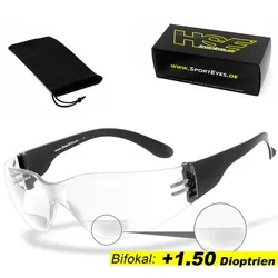 HSE SportEyes® | BIFOKAL Brille: +1,50 DIOPTRIEN | Sportbrille mit Lesehilfe | UV400 Schutzfilter, HLT® Kunststoff-Sicherheitsglas nach DIN EN 166 | Sportbrille, Fahrradbrille, Bikerbrille