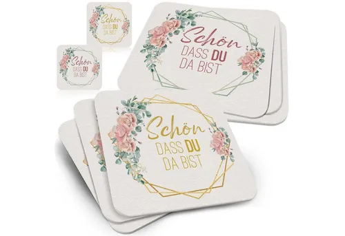 Funke & Brand Bierdeckel Schön, dass du da bist florales Design - 50x Ausgefallene Tisch-Deko