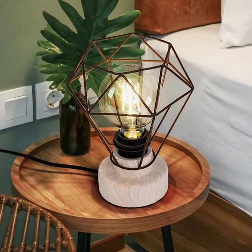 Holz Tisch Lampe Eiche Optik Ess Zimmer Vintage Gitter Beistell Leuchte rost
