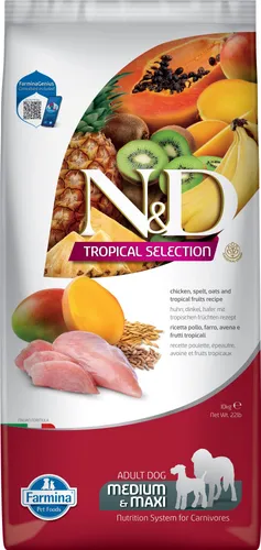 N&D Tropical Hundefutter Huhn medium/maxi 10 kg - Vollwertiges Hundefutter für erwachsene Hunde, reich an tierischen Proteinen und tropischen Früchten. Unterstützt die Energieversorgung und sorgt für eine ausgewogene Ernährung.