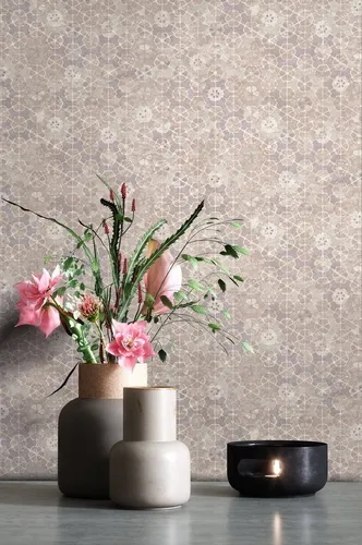 Newroom Vliestapete, Beige Tapete Mosaik Vintage - Fliesenoptik Mustertapete Taupe Flieder Fliesen Floral für Schlafzimmer Wohnzimmer Küche