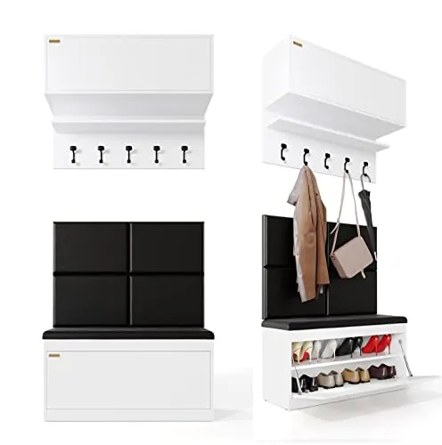 PLATAN ROOM Wand-Garderobe Set mit Garderobenpaneel & Schuhschrank & Hängeschrank 100 cm Flurgarderobe Garderobenset Flur Eiche Holz Weiß (4-TLG. mit 4 paneel, Weiß)