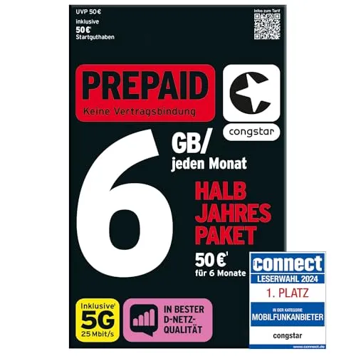 congstar Prepaid HALBJAHRESPAKET SIM-Karte - 6 Monate ohne Vertrag, 6 GB LTE mit 25 Mbit/s, 50€ Startguthaben, Telefonie & SMS Flat, EU-Roaming inklusive
