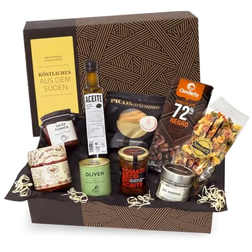 Köstliches aus dem Süden | Vegetarisches Geschenkset - Gemischte Geschenkkörbe & Feinkostgeschenke mit mediterranen Delikatessen, ideal zum Verschenken und Genießen. Enthält nativem Olivenöl, hausgemachtes Gemüse-Ratatouille und handgemachte Nudeln.