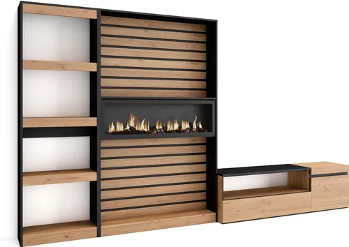 Wohnwand Wohnzimmer mit Elektrokamin XXL, Eiche und Schwarz - Moderne Wohnwand mit LED-Elektrokamin (107cm) und realistischem 3D-Feuereffekt. Inklusive Fernbedienung und Stauraum für Elektronik. Hochwertige Verarbeitung in Eiche und Schwarz.