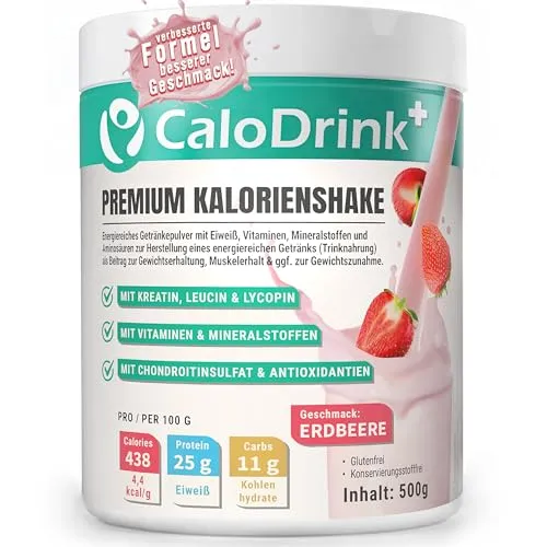 CaloDrink Trinknahrung zur Gewichtszunahme - Erdbeergeschmack 500g - Nahrungsersatzpulver für eine gezielte Gewichtszunahme, ideal für aktive Menschen. Mit ausgewählten Inhaltsstoffen für eine nachhaltige Energieversorgung.