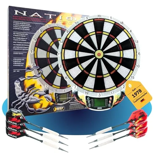 Best Sporting Elektronische Dartscheibe Nation – 21 Spiele & 65 Varianten - Elektronische Dartboards für bis zu 8 Spieler, inkl. 6 Pfeilen & 8 Ersatzspitzen. Bietet abwechslungsreiche Spielmöglichkeiten und authentische Soundeffekte für ein echtes Turnier-Feeling.