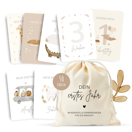 MeinBaby123® Meilensteinkarten "Dein erstes Jahr" | Meilenstein Karten Set Geschenk zur Geburt | Fotokarten für das erste Jahr | 50 Karten Inkl. Baumwollsäckchen (beige Boho)