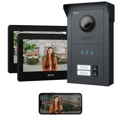 Goliath Basic Line 2-Familienhaus Video Türsprechanlage - FullHD Monitor Schwarz-Anthrazit - Moderne 2-Draht BUS Türsprechanlage für Mehrfamilienhäuser. Einfache Installation, App-Anbindung und 7 Zoll HD Touchscreen für optimale Benutzerfreundlichkeit.