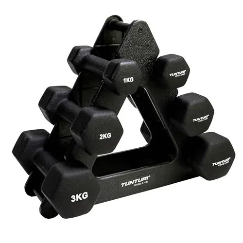 Tunturi 6er Set Kurzhanteln mit Rack - Hantelset mit 2 x 1 kg, 2 x 2 kg, 2 x 3 kg für effektives Krafttraining. Inklusive Ablage, die ein Wegrollen der Hanteln verhindert. Ideal für Zuhause oder im Fitnessstudio.