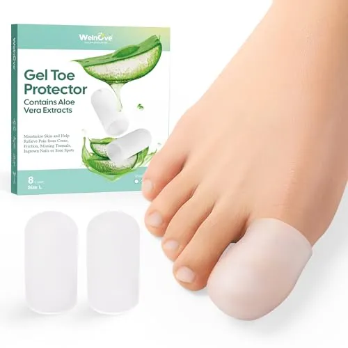 Welnove Gel-Zehenkappe - 8er-Pack für Schmerzlinderung - Zehenkappen aus medizinischem Silikon mit Aloe Vera Extrakt, ideal bei Hühneraugen und eingewachsenen Nägeln. Waschbar, wiederverwendbar und bequem für den ganzen Tag.