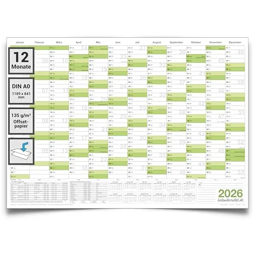 XXL Jahresplaner 2026 gefaltet – Wandkalender DIN A0 (118,8 x 84 cm) mit Feiertagen & Schulferien – großer Kalender für Büro & Zuhause – stabile Qualität auf 135g Papier – von Kalenderoutlet
