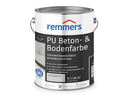 Remmers PU Beton- und Bodenfarbe, lichtgrau, seidenmatt, 5 Liter - Betonfarben für Innen und Außen, ideal für Keller, Terrassen und Balkone. Chemikalienbeständig und schnell trocknend - nach nur 12 Stunden überstreichbar.
