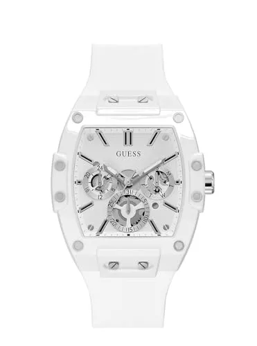 GUESS Watches Phoenix Herren Uhr - Armbanduhren für Herren mit silberfarbenem Sunray-Zifferblatt und multifunktionalen Hilfszifferblättern. Wasserdicht bis 50 Meter, ideal für Freizeitaktivitäten.