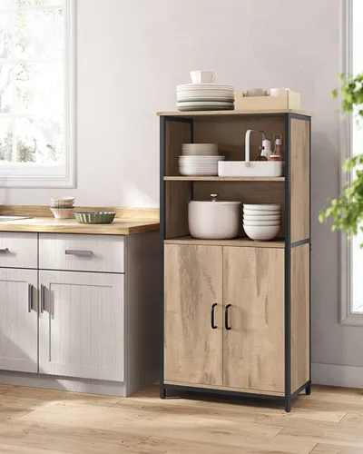 VASAGLE Highboard Küchenschrank, Eichenbraun-Schwarz - Stilvolles Highboard mit verstellbaren Regalebenen und 2 offenen Fächern, ideal für die moderne Küche. Einfache Selbstmontage und robustes Design für mehr Stauraum.