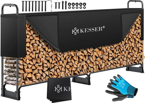 KESSER® Kaminholzregal Metall 260x36x117cm - Aschesauger - Robuste Konstruktion aus hochwertigem Stahl mit wetterfester Plane für optimalen Schutz und bis zu 300 kg Belastbarkeit, ideal für Garten und Terrasse.