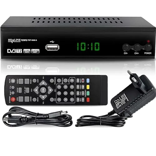 hd-line Tempo 4000 A DVBT2 Receiver - TV-Receiver mit Full HD 1080P und 4K Unterstützung, ideal für den Empfang von TNT HD-Kanälen dank H.265 HEVC Standard und einfacher Installation.