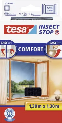 tesa Insect Stop Comfort Fliegengitter für Fenster - Effektiver Insektenschutz ohne Bohren - Fliegengitter für Fenster, 130 cm x 130 cm, mit selbstklebendem Klettband für einfache Montage und rückstandslose Entfernung. Transparentes, UV-beständiges Fiberglasgewebe, hygienisch und waschbar bis 30°C.