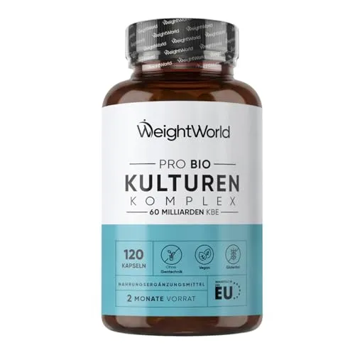 WeightWorld Pro Bio Kulturen Komplex - 60 Milliarden KBE - Veganer Kulturen Komplex mit 60 Milliarden KBE pro Portion aus 20 Bakterienstämmen. 120 Kapseln für 2 Monate, ideal für die tägliche Unterstützung der Ernährung.
