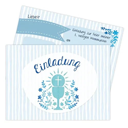Papierdrachen 12 Einladungskarten zur Kommunion - Motiv Kelch blau - Einladung zur Heiligen Kommunion für Mädchen und Jungen - DIN A6 - Set 1