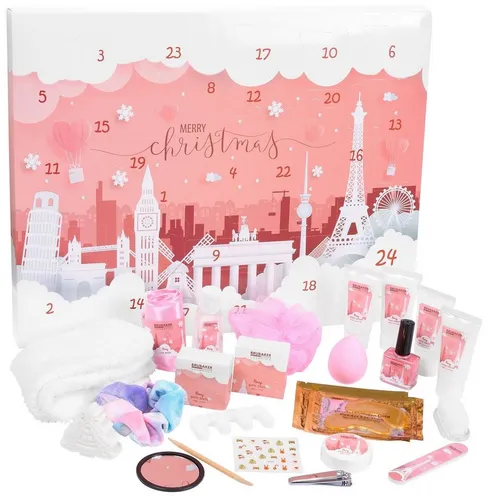 BRUBAKER Cosmetics Beauty Adventskalender 2024 - XXL Wellness Weihnachtskalender für Frauen, 24 hochwertige Körperpflege Produkte und Spa Accessoires mit Städten Wahrzeichen in Rosa