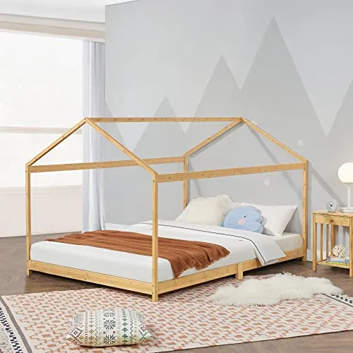 [en.casa] Kinderbett Vindafjord 160x200cm - Stilvolles Bettenhaus aus Bambus - Betten aus Bambus in Haus-Optik, stabil und nachhaltig. Mit einer Maximalbelastbarkeit von 200 kg ideal für Kinder und Jugendliche.