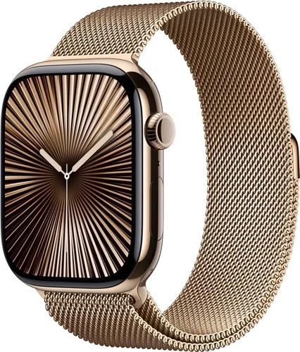 Apple Watch Series 10 GPS + Cellular 46mm Titan Gold mit Milanaise-Armband - Smartwatch mit kontaktlosem Bezahlen und Energiesparmodus, ideal für aktive Nutzer, die Wert auf Stil und Funktionalität legen.