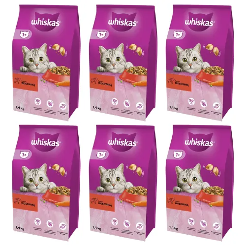 Whiskas Adult 1+ Katzentrockenfutter mit Rind, 6 Beutel, 6x1,4kg – Hochwertiges Trockenfutter für ausgewachsene Katzen ab 1 Jahr- unterschiedliche Produktverpackungen erhältlich