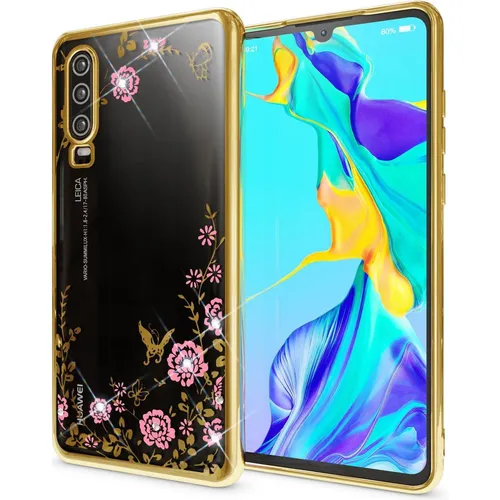 NALIA Hülle kompatibel mit Huawei P30, Durchsichtige Handyhülle Blumen-Muster Metall-Optik Glitzer-Steine, Ultra-Slim Silikon Case Dünne Schutzhülle Smart-Phone Bling Cover Etui Handy-Tasche - Gold
