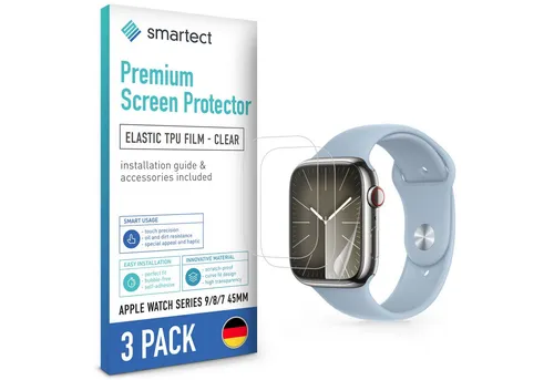 smartect Displayschutzfolie TPU Schutzfolie Klar für Apple Watch Series 9 / 8 / 7 45mm 3 St. für Apple Watch Series 9 / 8 / 7 45mm, 3 Stück, Anti-Fingerabdruck, Blasenfreie Installation