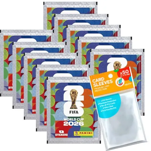 Panini Sammelkarte World Cup 2026 - 10 Tüten + exklusive Hüllen - Sammeln Sie die offiziellen WM 2026 Sticker mit 10 Tüten (je 7 Sticker). Inklusive 40 exklusiven Sleeves zur sicheren Aufbewahrung. Erleben Sie die Vorfreude auf das größte Fußballereignis der Welt!