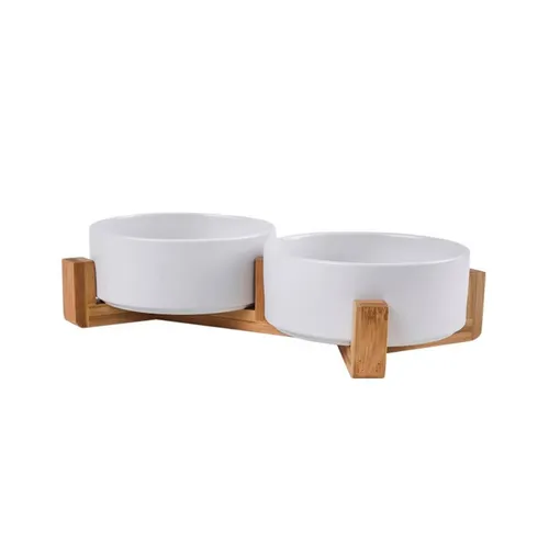 lous Futternapf Keramik Fressnapf mit Bambusständer, 2er Set White - Elegante Näpfe aus Keramik mit praktischem Bambusständer, ideal für stilbewusste Haustierbesitzer. Fassungsvermögen: 450 ml.