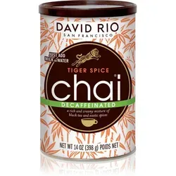 Tiger Spice Decaf Chai von David Rio - 398 g Dose - Entkoffeinierte indische Schwarztee-Gewürzmischung mit Zimt, Kardamom und Nelken. Ideal für aromatischen Genuss ohne Koffein, perfekt auch mit Honig.