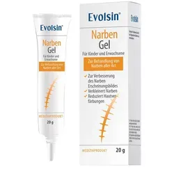 Evolsin Narben Gel - Arzneimittel zur Behandlung aller Narbenarten, macht sie elastischer und reduziert Verfärbungen. Ideal für postoperative, aknebedingte und hypertrophe Narben.