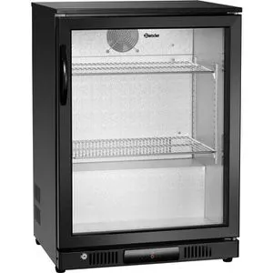 Bartscher Getränkekühlschrank 700121, schwarz, mit Glastür - Kühlschrank mit 124 Litern Volumen, selbstschließender und abschließbarer Glastür, ideal für Gastronomie und Heimnutzung. Stufenlos einstellbare Temperatur von 1°C - 10°C.
