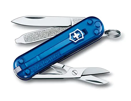 Victorinox Schweizer Taschenmesser, Klein, Classic SD, Multitool, Swiss Army Knife, Geschenk, 7 Funktionen, Klinge, Nagelfeile, Blau Transp.