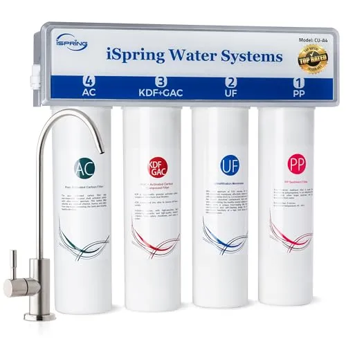 iSpring CU-A4 4-stufiges Untertisch-Wasserfiltersystem - Effizientes Wasserfiltersystem ohne Wassertank, entfernt 99,99% Verunreinigungen und bewahrt gesunde Mineralien. Einfacher Filterwechsel mit verchromtem Trinkwasserhahn.