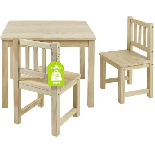 BOMI Kindersitzgruppe Holzsitzgruppe Amy, 3-tlg - Sitzgarnituren aus massivem Kiefernholz, ideal für Kinder, mit stabilen Tisch und 2 Stühlen in natürlichem Design für kreative Spiel- und Essmomente.