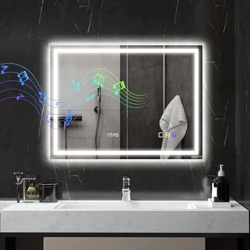 HOMCOM Badspiegel mit Beleuchtung 80x60 cm - Badezimmer Wandspiegel mit Bluetooth-Musikfunktion, integrierter Uhr und 3 Lichtfarben – für ein individuelles und beschlagfreies Badeerlebnis.